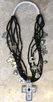 6 STRAND ONYX  BEAD SILVER TREASURE CHARM NECKLACE CACTUS CROSS HEARTS REPOSSE' DON LUCUS SOLD 
