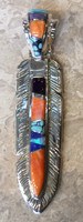 FEATHER PENDANT SILVER CONTEMPORARY NAVAJO MULTI-STONE INLAY ORANGE SPINY OYSTER SHELL SOLD