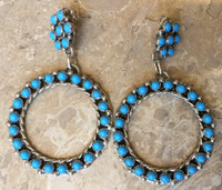 ZUNI TURQUOISE SILVER LARGE ROUND  PETTIPOINT DANGLE EARRINGS  2 1/2"L