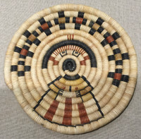BASKET HAND COILED POLYCHROME PLAQUE WITH FIGURATIVE DESIGN