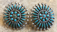 ZUNI EARRINGS PETTIPOINT NEEDLEPOINT ROUND TURQUOISE SCREWBACK PAWN 