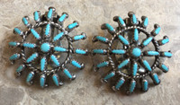 EARRINGS ZUNI TURQUOISE NEEDLEPOINT ROUND CLIPS