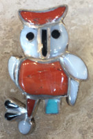 ZUNI INLAY OWL RING ORANGE SPINY OYSTER SHELL MOTHER OF PEARL TURQUOISE  7