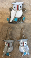 ZUNI MULTI-STONE INLAY MOTHER OF PEARL TURQUOISE CORAL OWL PIN PENDANT MATCHING OWL EARRINGS P. NATEWA