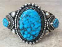 BRACELET NAVAJO SMALL SIZE 3 STONE TURQUOISE ROPE BEAD STAMP DESIGNS STERLING SILVER LEON MARTINEZ  6 1/8"