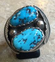 RINGS NAVAJO 2 OVAL KINGMAN TURQUOISE STONES WITH 2 LEAVES SET IN SILVER HEAVY SIZE 12