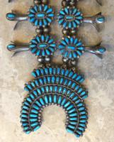 TURQUOISE NEEDLEPOINT ZUNI STYLE NAVAJO MADE SQUASH BLOSSOM NECKLACE BEGAY SOLD