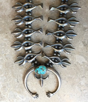 NECKLACE NAVAJO SILVER SANDCAST SINGLE STONE TURQUOISE ON BEADS  