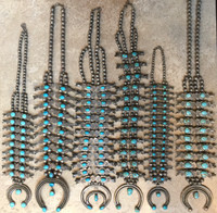SQUASH BLOSSOM NECKLACES 6 TURQUOISE BOX & BOW L-R_1-6_1 SOLD 