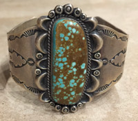 BRACELETS NAVAJO LARGE SINGLE STONE TURQUOISE ANTIQUED SATIN FINISHED SILVER STAMPED CUFF EMMA LINCOLN