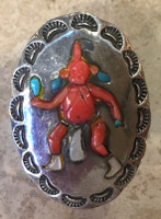 RINGS ZUNI PAWN CORAL OVAL RAISED INLAY FIGURATIVE MUDHEAD SILVER STAMPWORK
