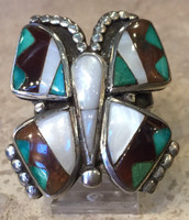 RINGS ZUNI PAWN MULTI-STONE INLAY WHITE MOTHER OF PEARL BROWN TIGER EYE & GREEN TURQUOISE FIGURATIVE BUTTERFLY  