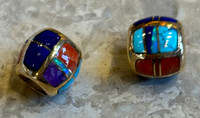 PENDANT NAVAJO 14K GOLD BARREL SHAPED MULTI-STONE INLAY TURQUOISE LAPIS CORAL OPAL SUGLITE ORANGE SPINY OYSTER SHELL  