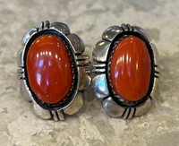 EARRINGS NAVAJO CORAL OVAL CABOCHONS I KEE 