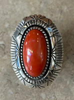 RINGS NAVAJO OVAL STERLING SILVER SHADOWBOX SAWTOOTH BEZEL CORAL CB 7