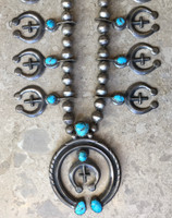 SQUASH BLOSSOM NECKLACE NAVAJO 1970’S 15 SILVER CROSS’S WITHIN 15 NAJAS 18 TURQUOISE OVAL STONES  