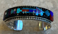 BRACELET NAVAJO GOD FIGURE YEI SYLVANA APACHE CANONCITO BAND OF NAVAJOS STERLING MULTI-STONE RAISED INLAY TURQUOISE CORAL LAPIS SUGILITE OPAL 