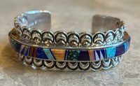 BRACELET NAVAJO MULTI-STONE INLAY STERLING SILVER CUFF LAPIS TURQUOISE CORAL MOTHER OF PEARL E. SHER 6 1/4"  