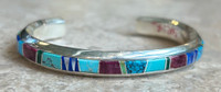BRACELETS NAVAJO NARROW STERLING SILVER MULTI-STONE INLAY SLEEPING BEAUTY TURQUOISE RARE PURPLE SPINY OYSTER SHELL LAPIS MOTHER OF PEARL SPIDERWEBB TURQUOISE MALCHITE GASPEITE TSF  E. DAVID 6 1/4"