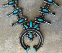 SQUASH BLOSSOM NECKLACE TURQUOISE SILVER WITH TURQUOISE EARRINGS SET + MATCHING BRACELET $795.00
