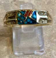 RINGS NAVAJO 14K GOLD SPIDERWEBB TURQUOISE OXBLOOD CORAL INLAY TUFA CAST CONTEMPORARY CECILIA YAZZIE 10 3/4