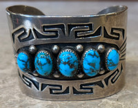 BRACELETS NAVAJO HOPI STYLE PAWN 5 OVAL STONES PERSIAN TURQUOISE 6 5/8"