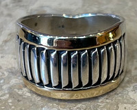 RINGS NAVAJO STERLING SILVER 14K GOLD FEATHER PATTERN DESIGN HB 9 1/2