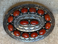 BELT BUCKLES 14 OVAL CORAL CABOCHONS OVAL STERLING SILVER STAMPED BELT BUCKLE