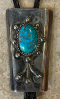 BOLO TIE NAVAJO PAWN TRAPEZOID OVAL BLUE GEM TURQUOISE