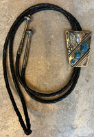 BOLO TIE PAWN NAVAJO TRAPEZOID 2 RECTANGULAR SHAPES  TURQUOISE  1 OVAL SHAPED TURQUOISE CABOCHON STERLING R PLATERO