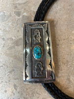 BOLO TIES HOPI ESTATE SILVER DOUBLE VERTICAL KOKOPELLI TRAPEZOID SHAPED CENTRAL OVAL SPIDERWEBB TURQUOISE STONE RAMOND KYASYOUSIE