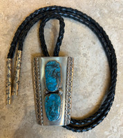 BOLO TIES NAVAJO TRAPEZOID SHAPED DOUBLE OVAL VERTICAL TURQUOISE STONE SET IN SILVER EMT EVERETT AND MARY TELLER