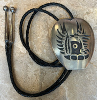 BOLO TIE HOPI STERLING SILVER MONGWA OWL DESIGN LARRY POLIVEMA