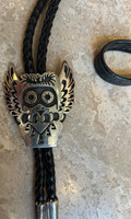 BOLO TIE HOPI STERLING SILVER OVERLAY  MONGWA OWL DESIGN PHILLIP HONANIE