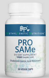 Pro SAMe provides 200 mg of stabilized S-adenosyl-L-methionine (SAMe) in each vegetarian capsule. SAMe is a sulfur-containing compound naturally produced from the amino acid methionine and ATP. SAMe is the body’s primary methyl donor; it is found ubiquitously in the human body. It is involved in the synthesis and regulation of neurochemicals, the maintenance of healthy cell membranes, the ATP cycle, and is also involved in the methylation and transsulfuration pathways. SAMe is also important for normal production of glutathione, cysteine, and taurine, which are important for healthy liver function. Due to its role in supporting healthy synthesis of connective tissues, SAMe may also help support bone and joint health.