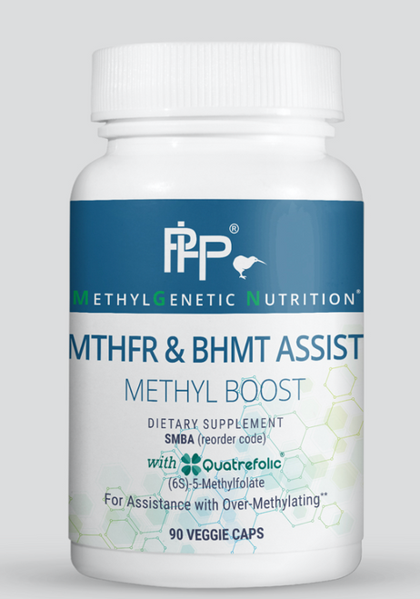 MTHFR & BHMT Assist (METHYL BOOST) provides support for both the Folate Cycle (MTHFR) and the Methionine Cycle (BHMT). Compared to METHYL BOOST +, this formulation provides less methyl support (necessary to due to CBS, COMT, and MAO variants and/or epigenetic factors), containing the non-methylated form of vitamin B12, hydroxocobalamin, a smaller amount of trimethylglycine (TMG), less vitamin B6, phosphatidylserine and phosphatidylcholine to support BHMT (in addition to betaine) and a small amount of niacin to reduce methyl groups. It also contains additional important vitamins, minerals, and nutrients such as vitamin B1, B2, B6, biotin, chelated TRAACS® magnesium and zinc, lithium, Pancreatin and New Zealand glandulars. This unique “low dose” methyl support is gentle and highly effective in supporting various metabolic pathways.