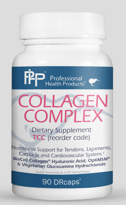 Collagen Complex is a top-selling, comprehensive product that may in support of optimal collagen formation for healthy skin, joints, tendons and overall musculoskeletal health. This product features:

BioCell Collagen® is a clinically studied dietary supplement ingredient composed of naturally-occurring hydrolyzed collagen type II peptides, chondroitin sulfate, hyaluronic acid that promotes active joints, youthful-looking skin, and healthy connective tissues. Various studies, including seven human clinical trials, support its safety, efficacy and bioavailability.
Research indicates that glucosamine may reduce oxidative stress — especially when used alongside chondroitin supplements.
Opti-MSM® is an ultra-pure, high quality MSM (methylsulfonylmethane). MSM is made up of 34% sulfur—the fourth most abundant mineral in the human body. Sulfur is an important nutrient for the maintenance of healthy joints, tendons, ligaments and other connective tissue. OptiMSM is backed by numerous pre-clinical and clinical studies for safety and efficacy.
Vitamin and mineral support from AMLA fruit, providing a potent whole-food source of vitamin C, Vitamin E and zinc in its chelated form to support optimal absorption.
A proprietary blend of herbs including boswellia, turmeric, rosemary, saw palmetto, thyme, dogwood and wintergreen.