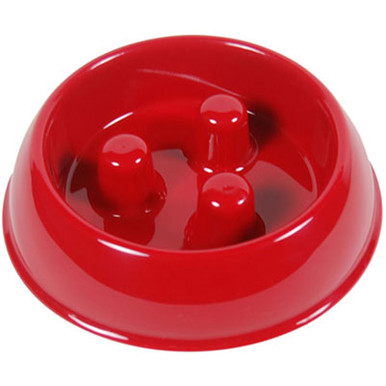 The Brake-fast dog food bowl's patent pending design prevents your dog from gulping their food. The simple obstructions make dogs slow down to eat. Small bowl is red.