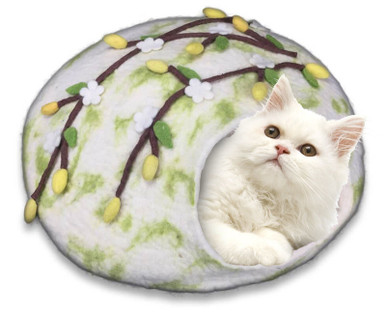Cat in cherry blossom wool cat cave.