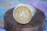A highly detailed seal, this Men's 1836 Republic Of Texas Seal in all14kt gold, or set in a very heavy and solid Sterling Silver Ring.  The date of 1836 at the bottom of the seal signifies the year the Texas Republic was formed.  This is the most popular design in the 1836 Texas Republic Seal collection. This ring is very comfortable to wear.  This ring will last a lifetime to become a family heirloom and handed down to future generations on Texans. 