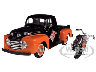 1948 Ford F-1 Pickup Truck Orange Black 1958 FLH Duo Glide Harley Davidson Motorcycle 1/24 Diecast Models Maisto 32180