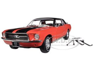 1967 Ford Mustang Coupe "Ski Country Special" Aspen Red with Black Stripes and Black Vinyl Roof and a Pair of Skies 1/18 Diecast Model Car Greenlight GL12892