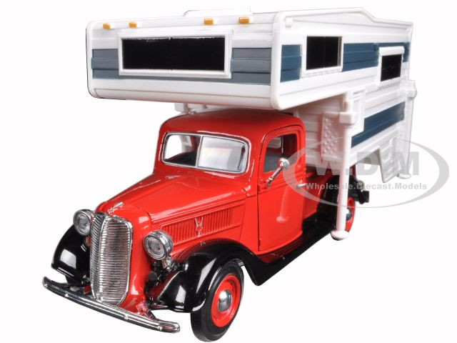 1937 Ford Pickup Truck Red Camper Shell 1/24 Diecast Model Car Motormax 75330 73233