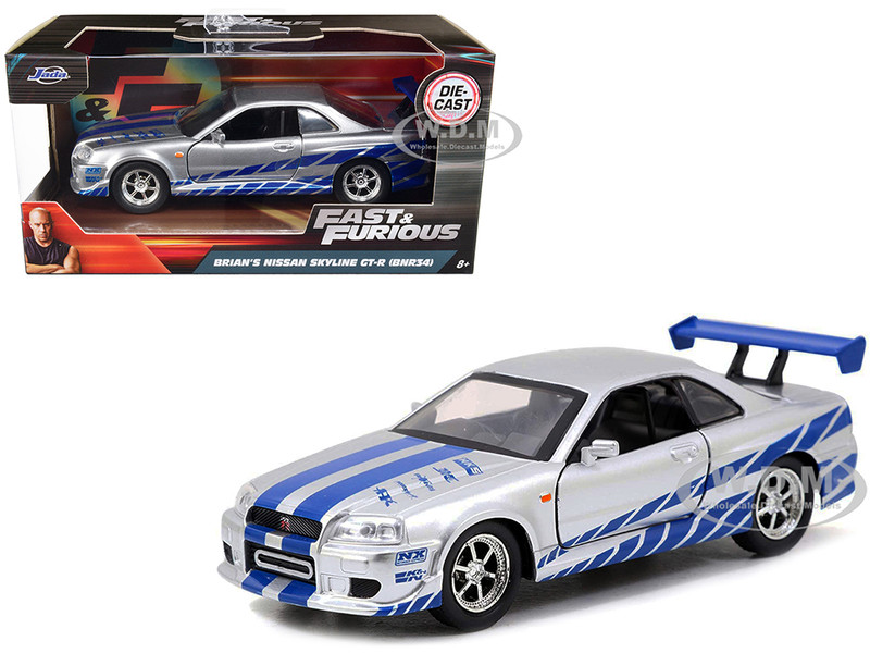 Brian s Nissan Skyline GT R R34 Silver Blue Stripes Fast & Furious Movie 1/32 Diecast Model Car Jada 97184