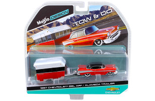  1957 Chevrolet Bel Air with Alameda Trailer Red Tow & Go 1/64 Diecast Model Maisto 15368-B
