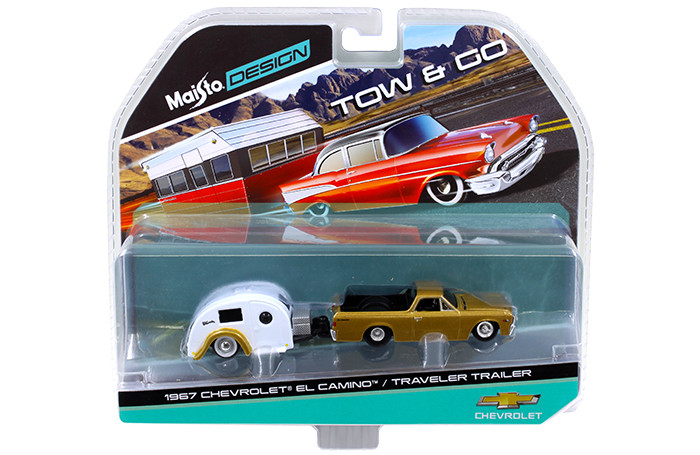 1967 Chevrolet El Camino with Traveler Trailer Gold Tow & Go 1/64 Diecast Model Maisto 15368-D