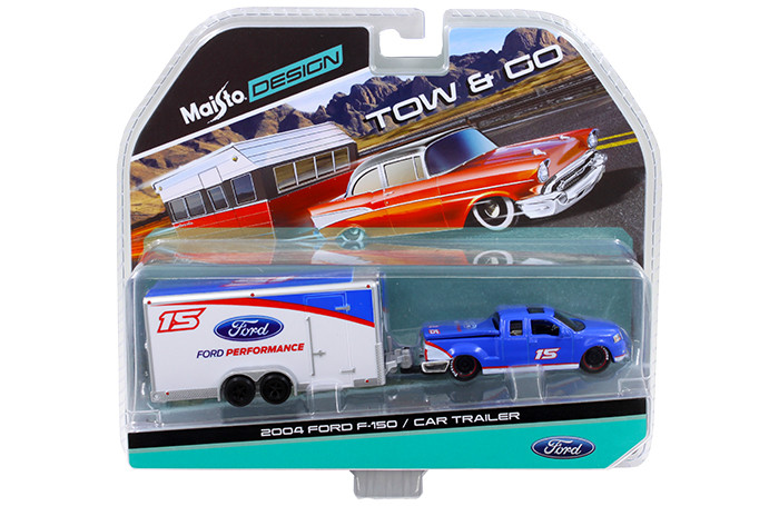 2004 Ford F-150 Pickup Truck #15 Blue and Car Trailer Tow & Go 1/64 Diecast Model Maisto 15368-J