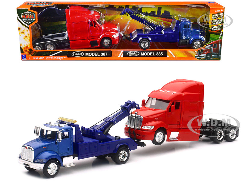 Peterbilt Model 335 Tow Truck Blue and Peterbilt Model 387 Cab Red 1/43 New Ray SS-15053