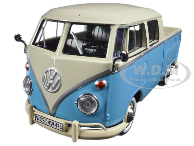 Volkswagen Type 2 (T1) Double Cab Pickup Truck Blue/Cream 1/24 Diecast Model Car Motormax 79343