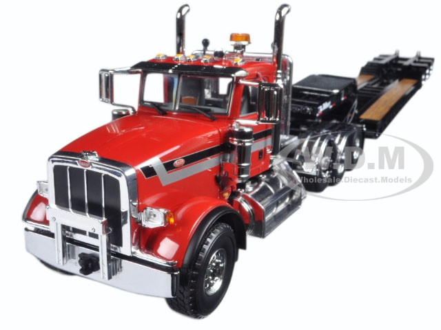 peterbilt 367 with tri axle lowboy trailer red and black 1 34
